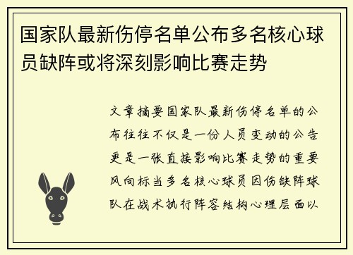 国家队最新伤停名单公布多名核心球员缺阵或将深刻影响比赛走势