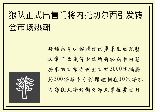 狼队正式出售门将内托切尔西引发转会市场热潮